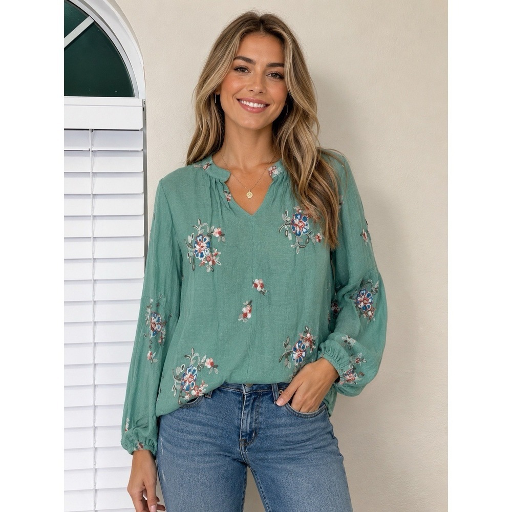Figueroa & Flower Women's Large Mint Green Embroidered Peasant Boho Blouse Top